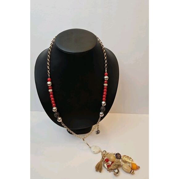 Chico's Charm Tassel Gold Tone Necklace 31" Long Chunky Red/Bronze/Orange - Picture 1 of 6